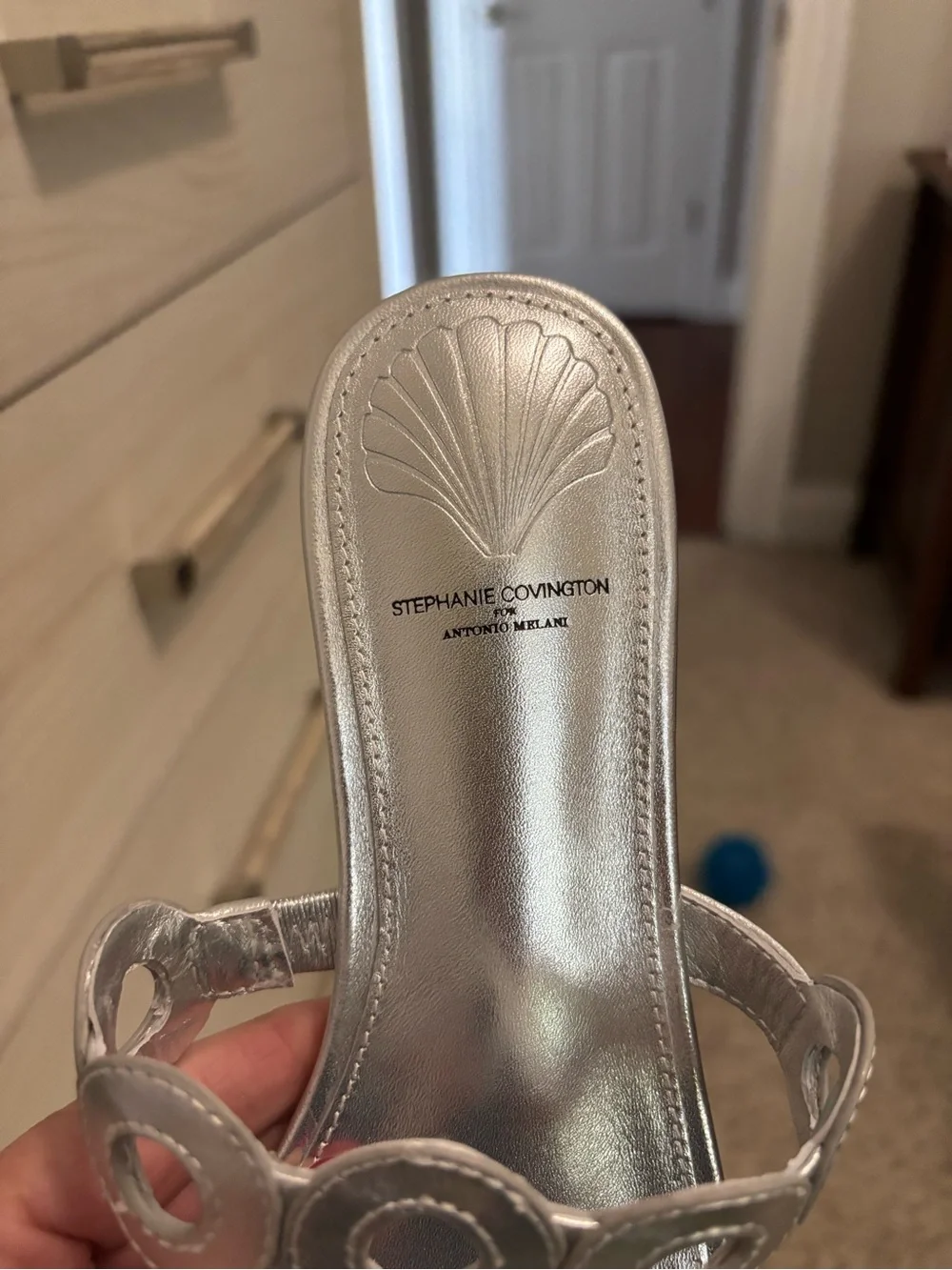 ANTONIO MELANI Silver Metallic Circle-Loop Slide Sandals